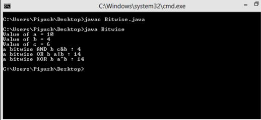 This image describes a output of sample program of bitwise operators in java.